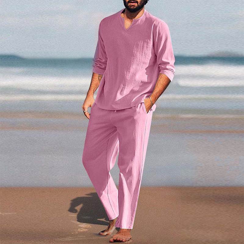 Men's Solid V-Neck Top & Pants 2-Piece Set