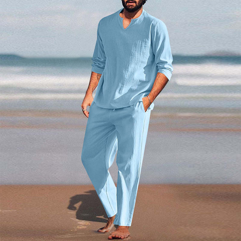 Men's Solid V-Neck Top & Pants 2-Piece Set