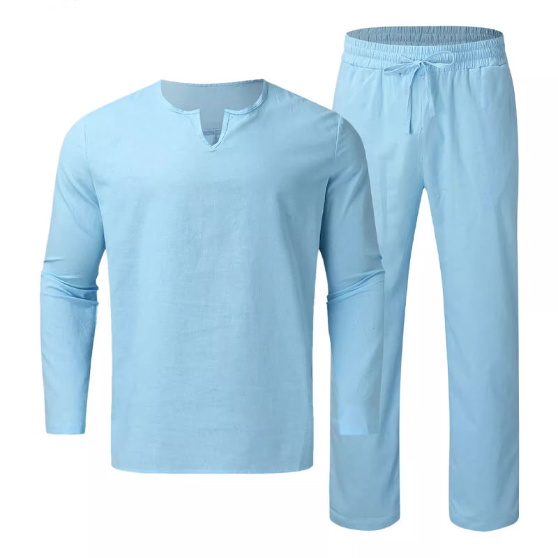 Men's Solid V-Neck Top & Pants 2-Piece Set