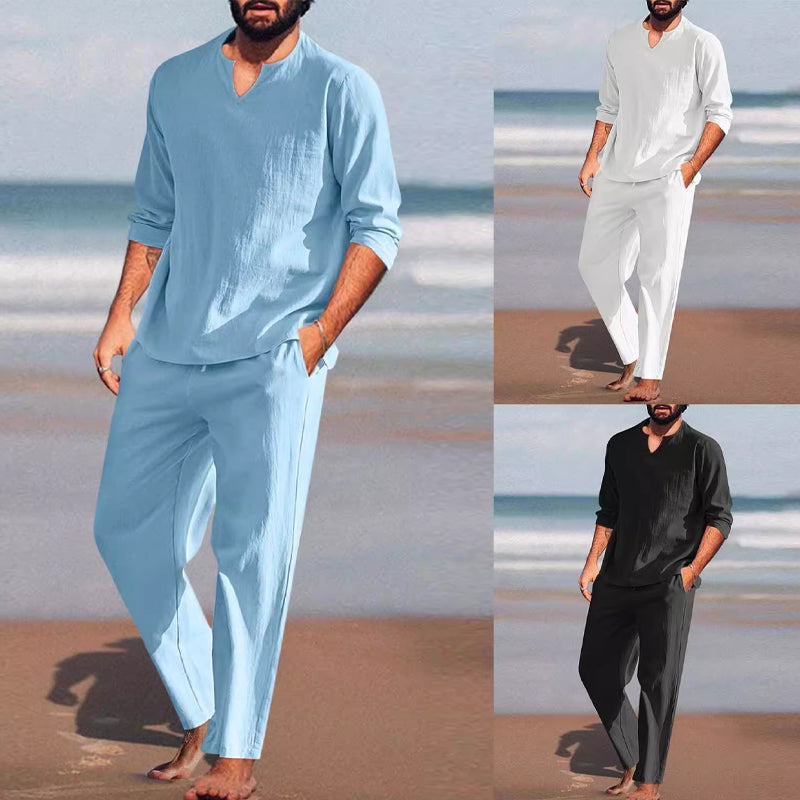 Men's Solid V-Neck Top & Pants 2-Piece Set