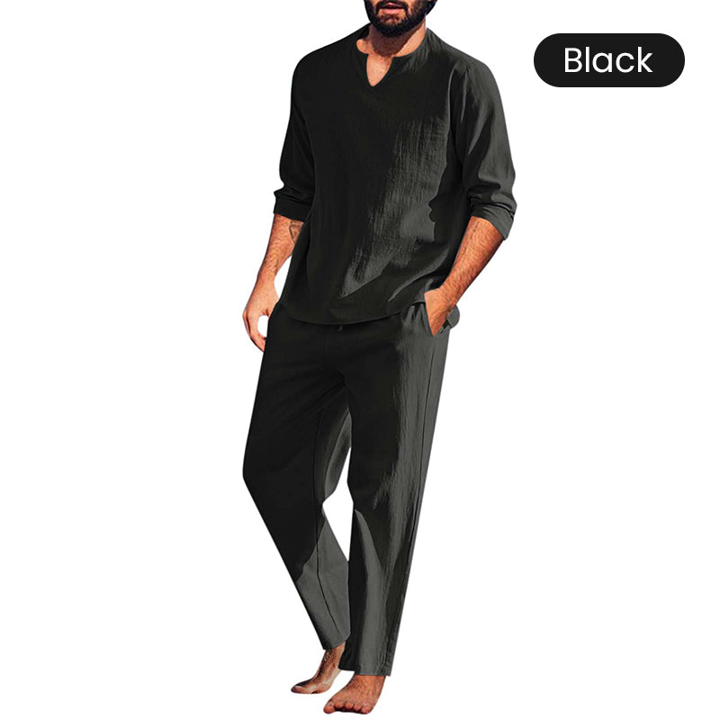 Men's Solid V-Neck Top & Pants 2-Piece Set