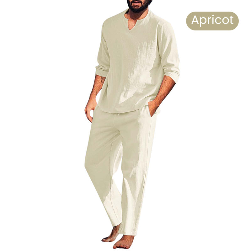 Men's Solid V-Neck Top & Pants 2-Piece Set