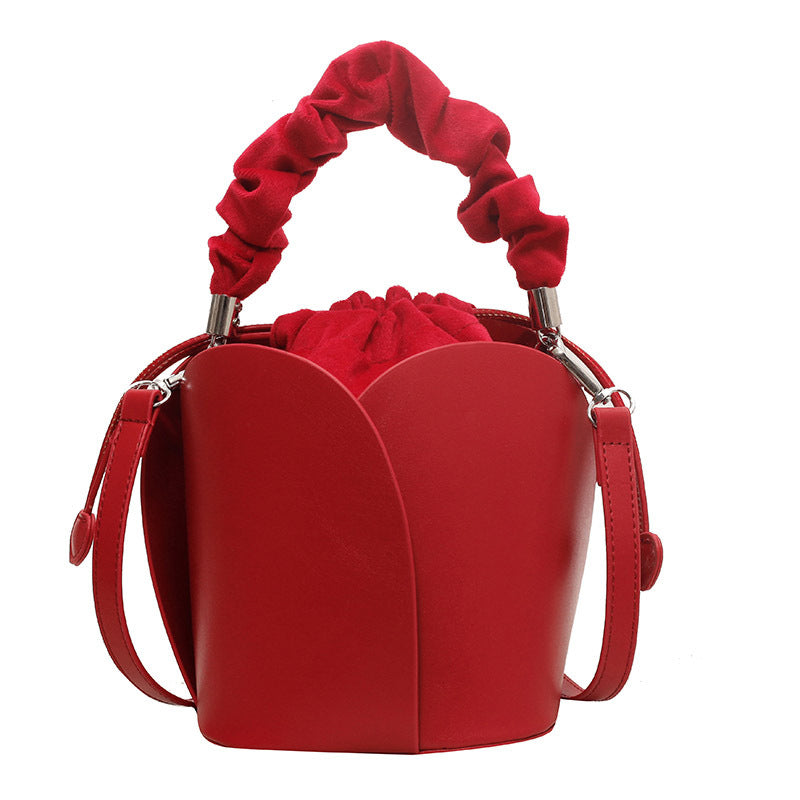 Handmade PU Leather Drawstring Bucket Bag for Women