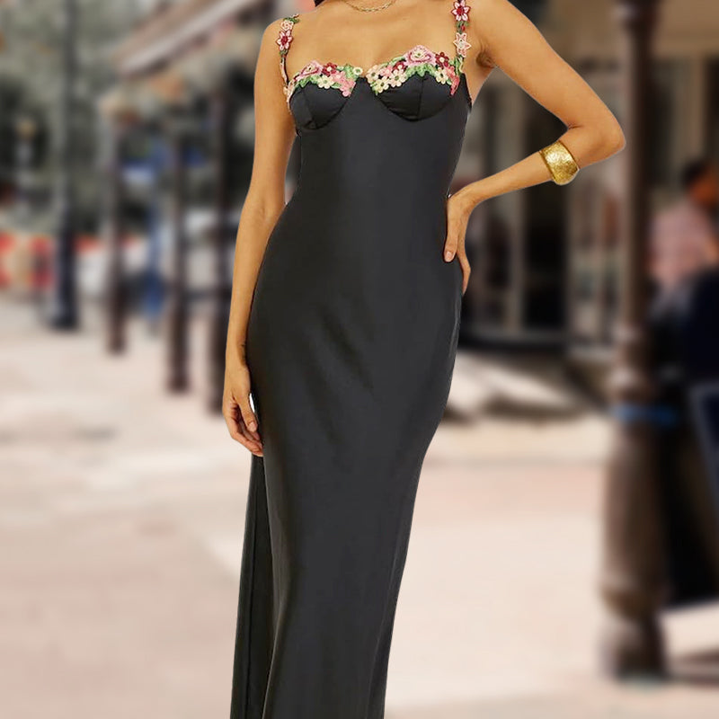 Spaghetti-Strap Floral-Trimmed Satin Bodycon Dress