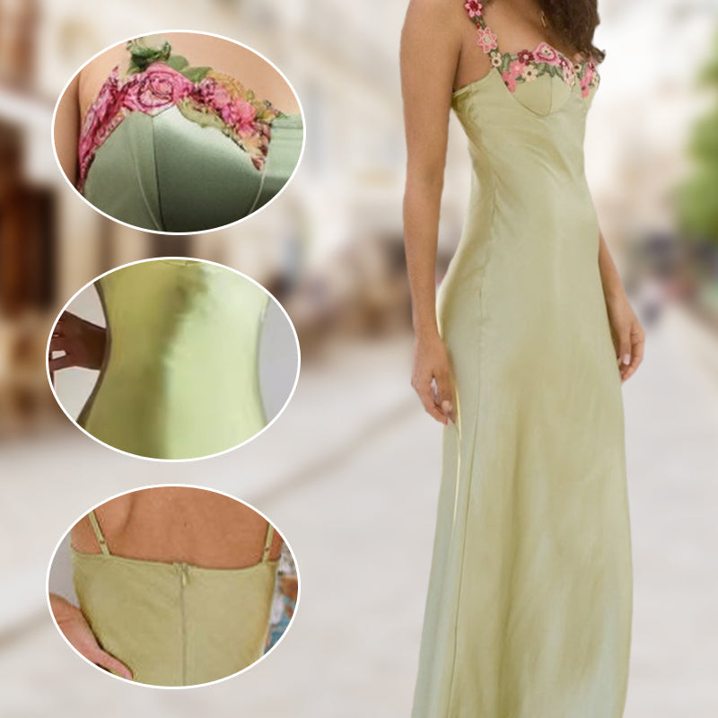 Spaghetti-Strap Floral-Trimmed Satin Bodycon Dress