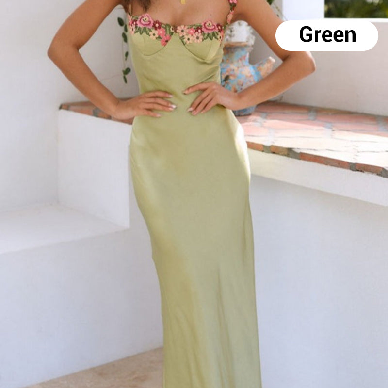 Spaghetti-Strap Floral-Trimmed Satin Bodycon Dress