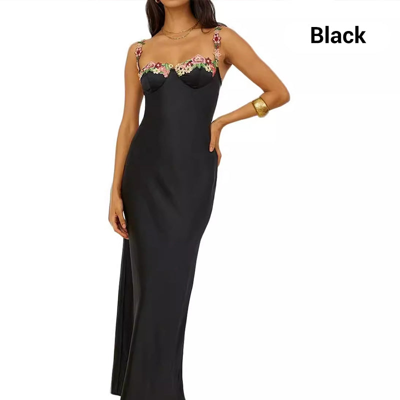 Spaghetti-Strap Floral-Trimmed Satin Bodycon Dress