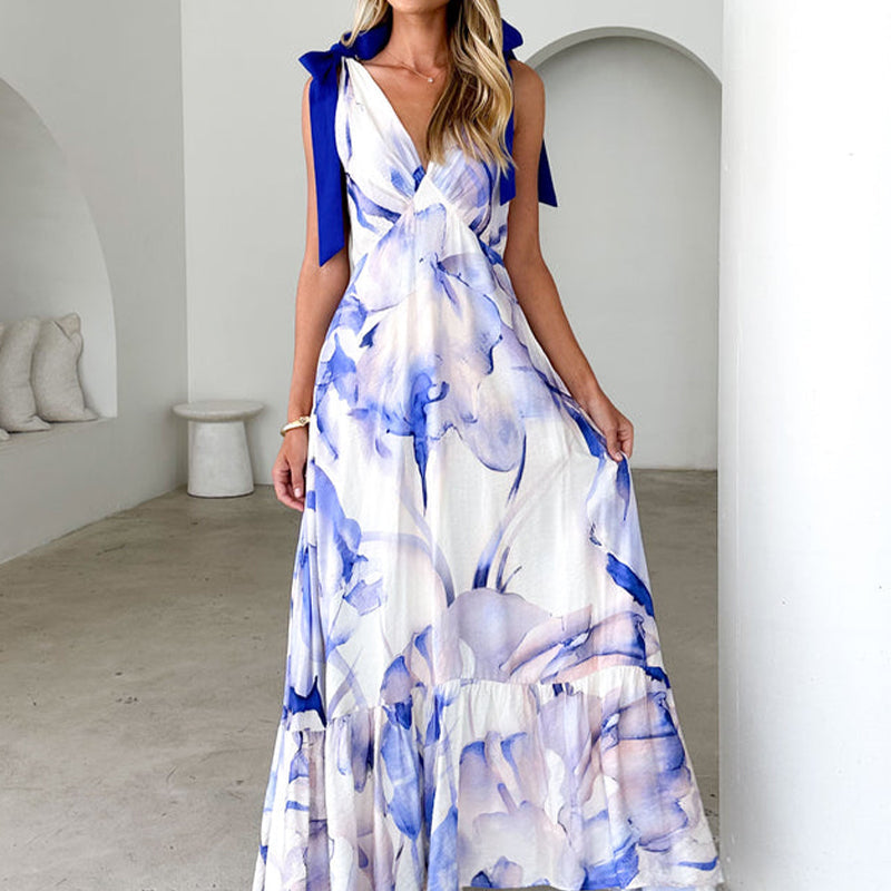 Women's Casual V-Neck Sleeveless Printed Dress