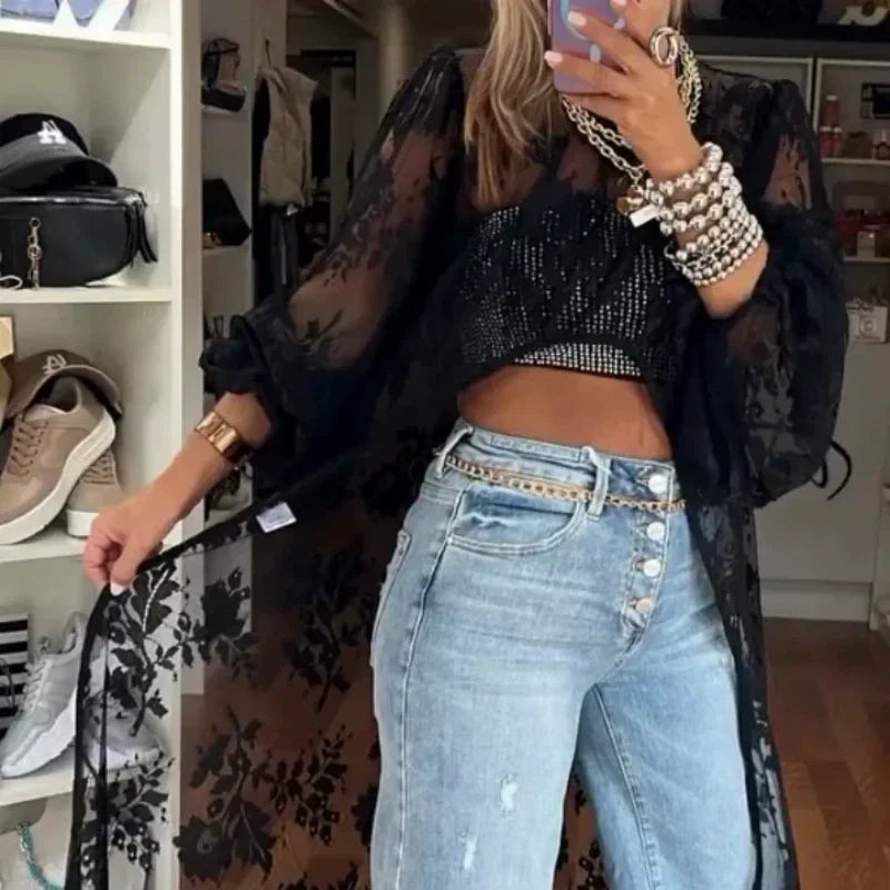 Lace Pattern See-Through Elegant Maxi Top