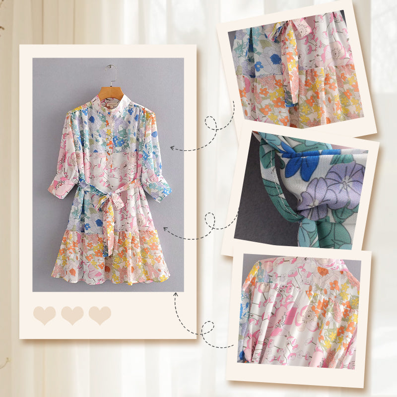 Tie Waist Button Down Mini Dress with Floral Print