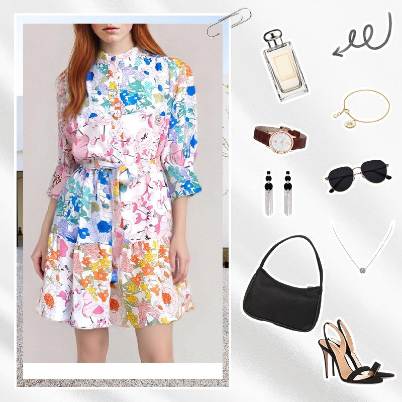 Tie Waist Button Down Mini Dress with Floral Print