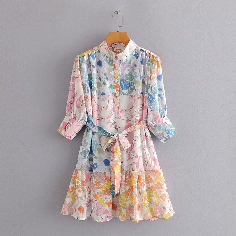 Tie Waist Button Down Mini Dress with Floral Print