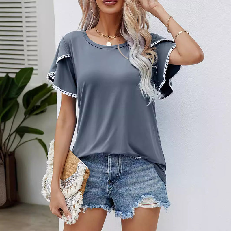 Women's Casual Round Neck T-Shirt with Pom-Pom Trim Sleeves