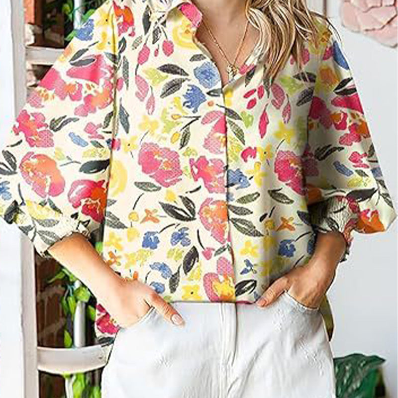 Women’s Printed Button-Down Shirt with Lantern Long Sleeves