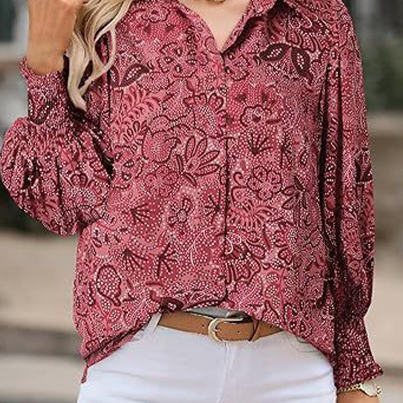 Women’s Printed Button-Down Shirt with Lantern Long Sleeves