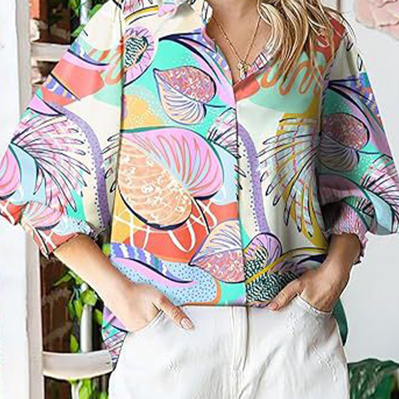 Women’s Printed Button-Down Shirt with Lantern Long Sleeves