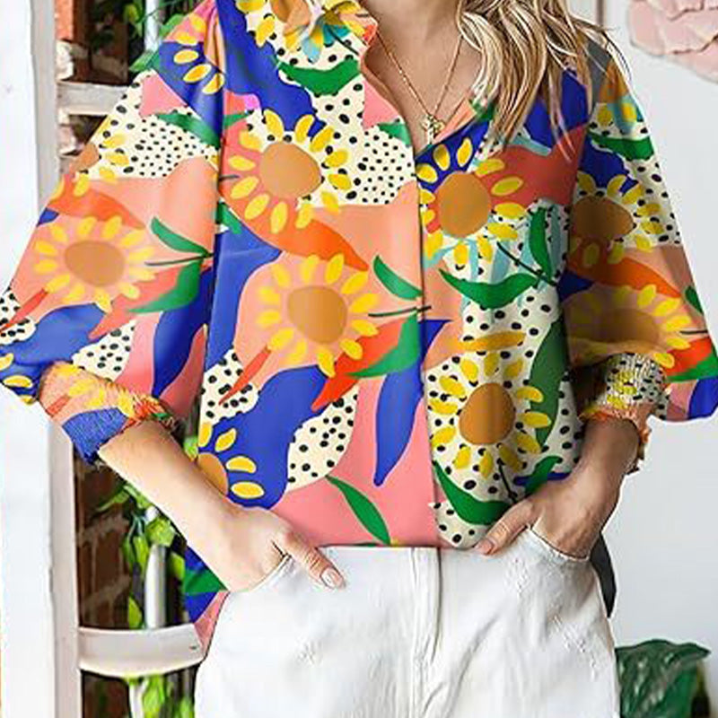 Women’s Printed Button-Down Shirt with Lantern Long Sleeves