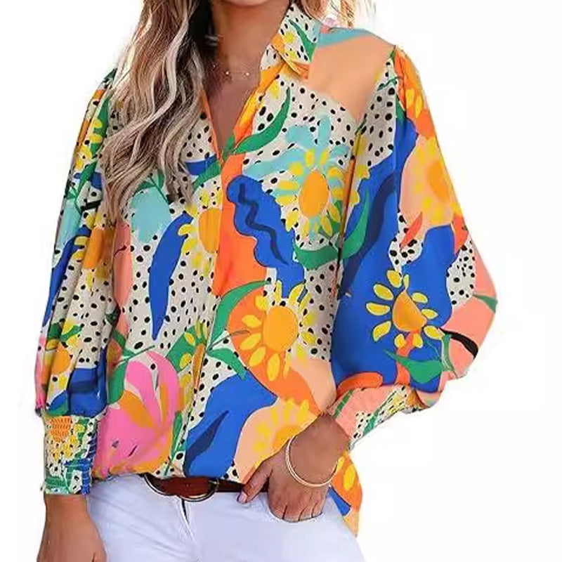 Women’s Printed Button-Down Shirt with Lantern Long Sleeves