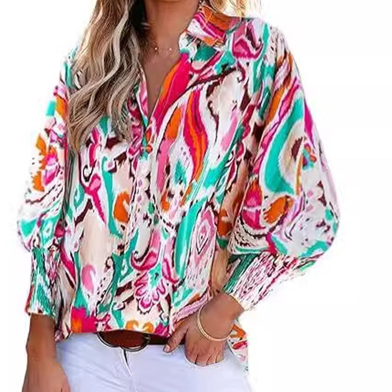 Women’s Printed Button-Down Shirt with Lantern Long Sleeves