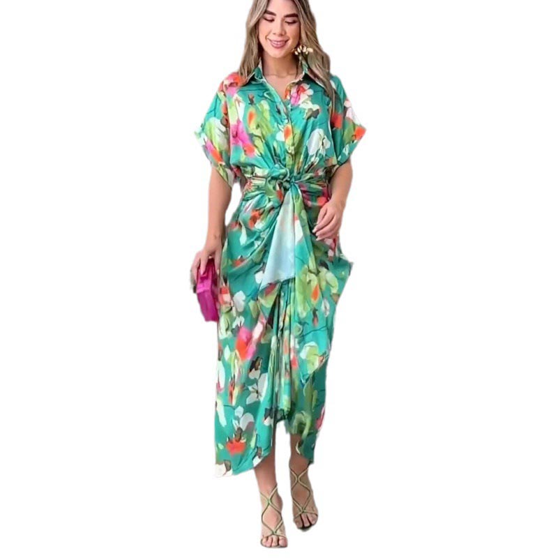 Women's Casual Print Button Shirt Dress with Irregular Lace-up