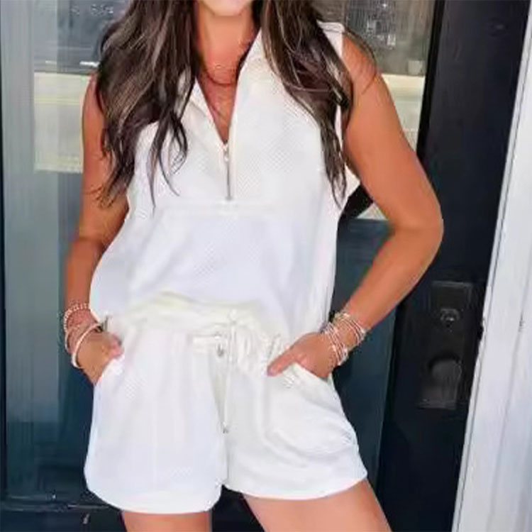 Women's Summer Half Zip Sleeveless Two-Piece Shorts Suit