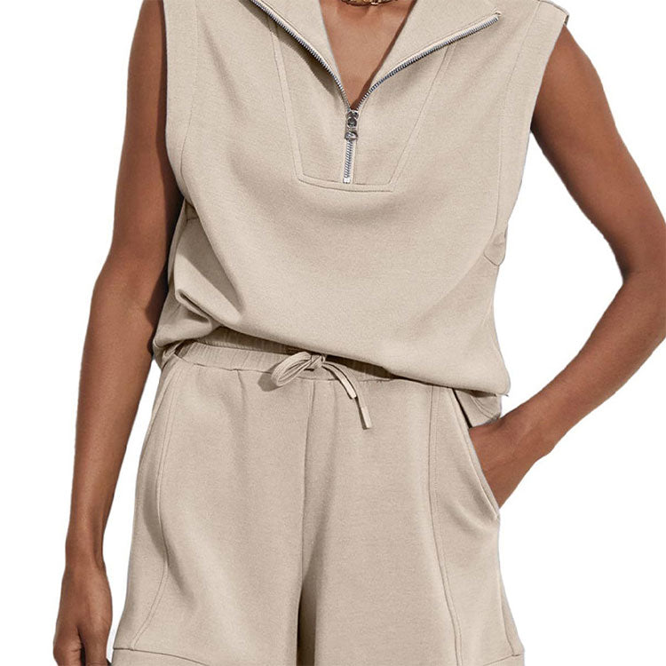 Women's Summer Half Zip Sleeveless Two-Piece Shorts Suit
