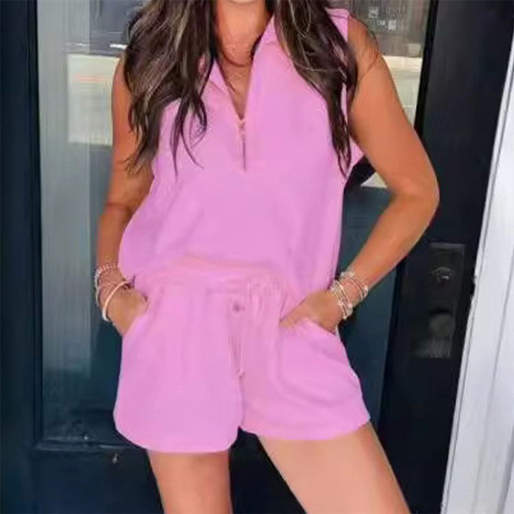 Women's Summer Half Zip Sleeveless Two-Piece Shorts Suit