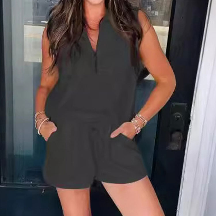 Women's Summer Half Zip Sleeveless Two-Piece Shorts Suit