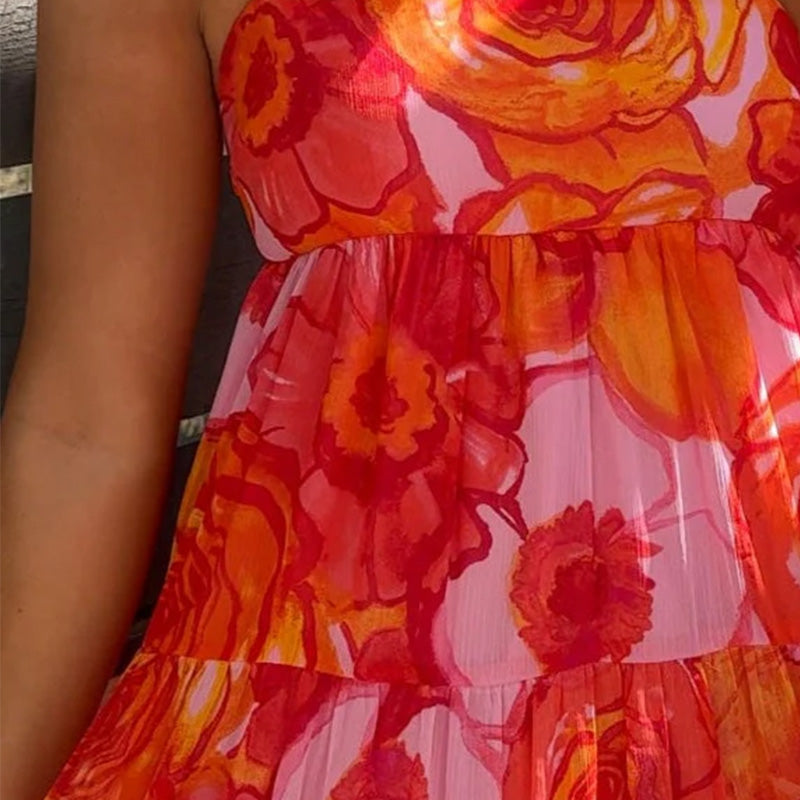 Women's Sexy Fashion Printed Halter Pressure Pleated Dresses