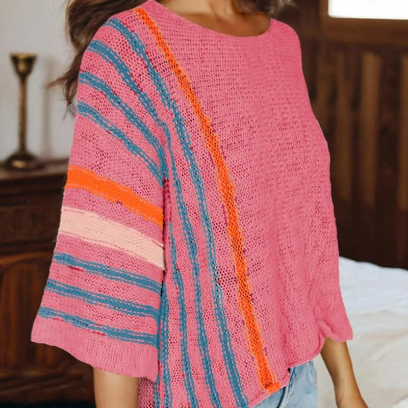 Women's Fashion Vertical Stripe Color Blocking Flared Sleeve Pullover Knit Sweater