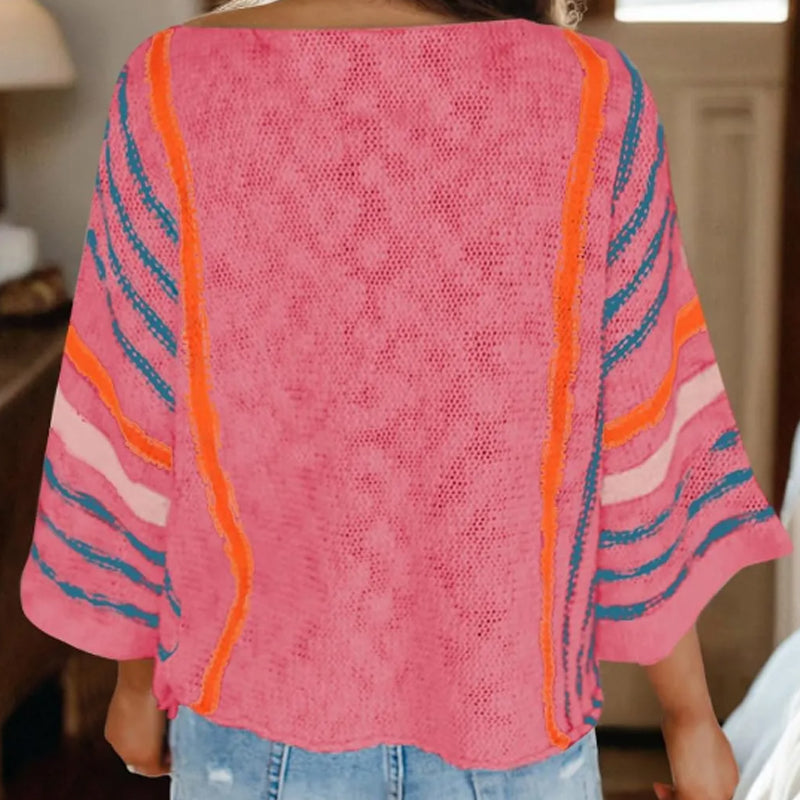 Women's Fashion Vertical Stripe Color Blocking Flared Sleeve Pullover Knit Sweater