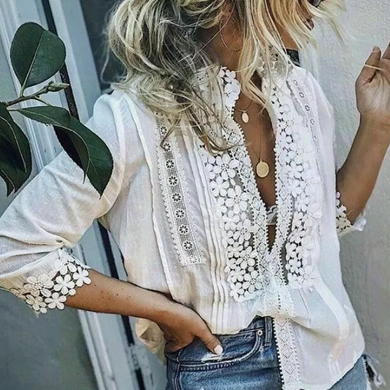 Women's White Lace Floral Patchwork Top