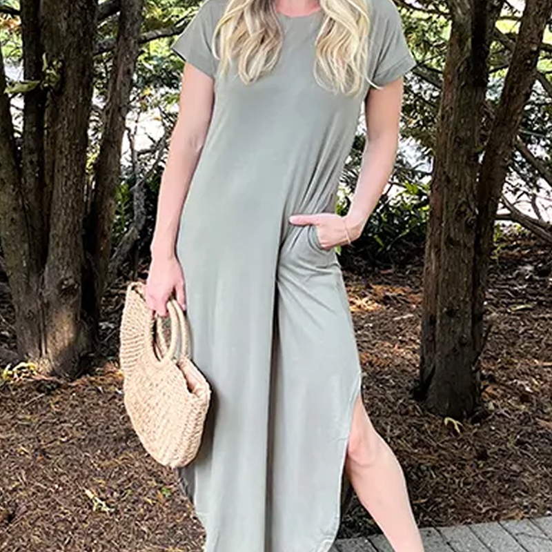 Women's Casual Loose Short Sleeve Pocket Split Maxi Dress