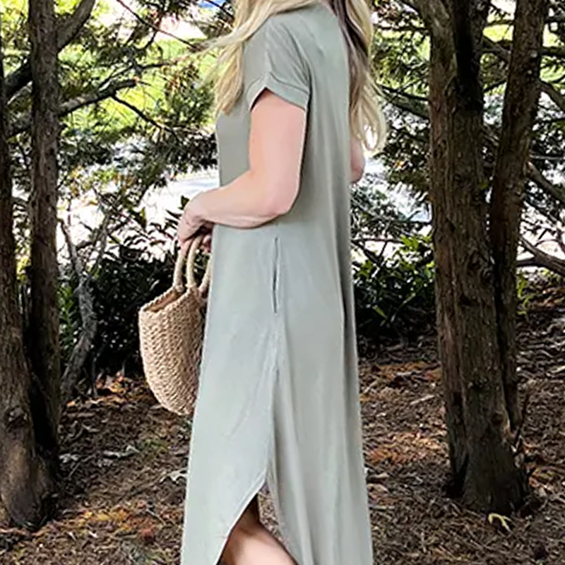 Women's Casual Loose Short Sleeve Pocket Split Maxi Dress