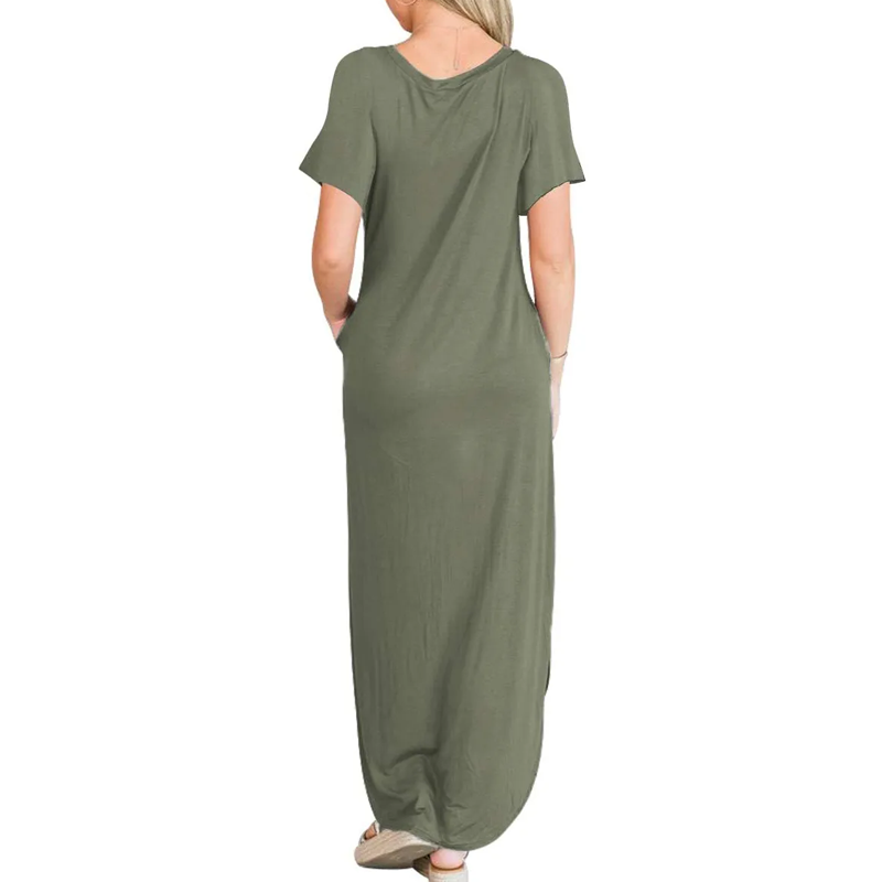Women's Casual Loose Short Sleeve Pocket Split Maxi Dress