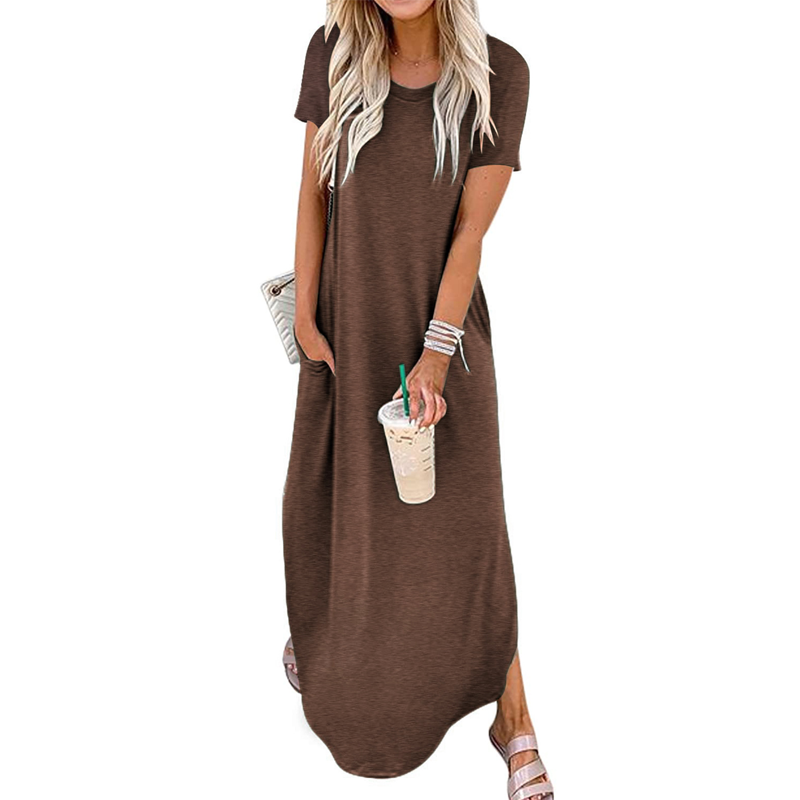 Women's Casual Loose Short Sleeve Pocket Split Maxi Dress