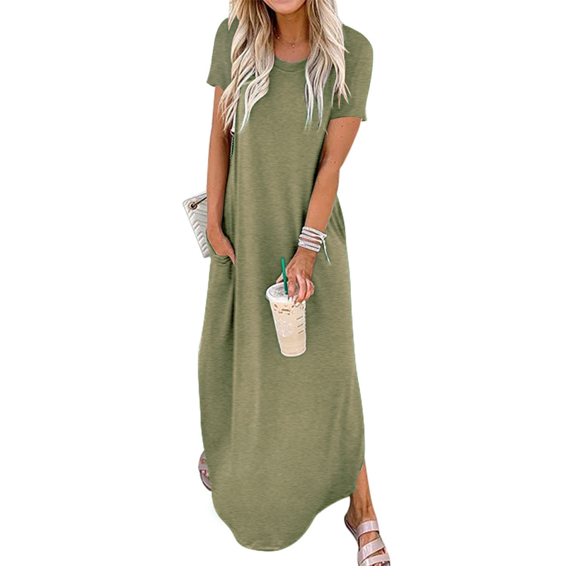 Women's Casual Loose Short Sleeve Pocket Split Maxi Dress
