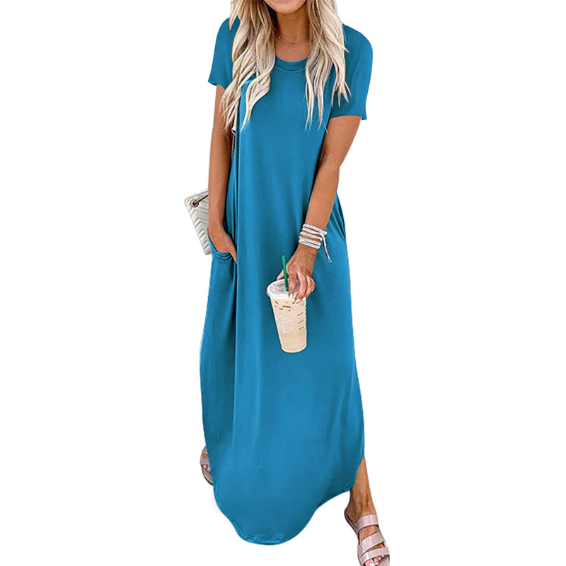 Women's Casual Loose Short Sleeve Pocket Split Maxi Dress