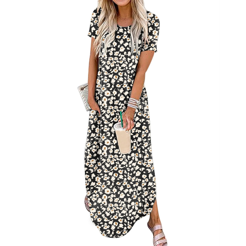 Women's Casual Loose Short Sleeve Pocket Split Maxi Dress
