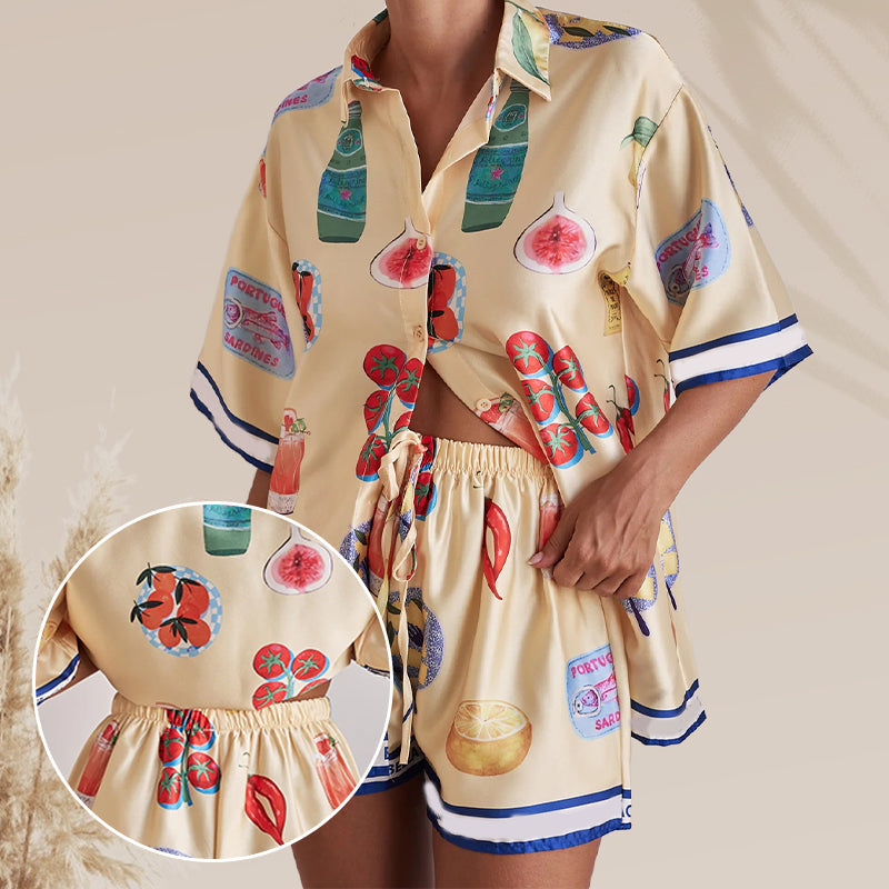 Women's Casual Lapel Short Sleeve & Shorts Pajama 2-PCS Set