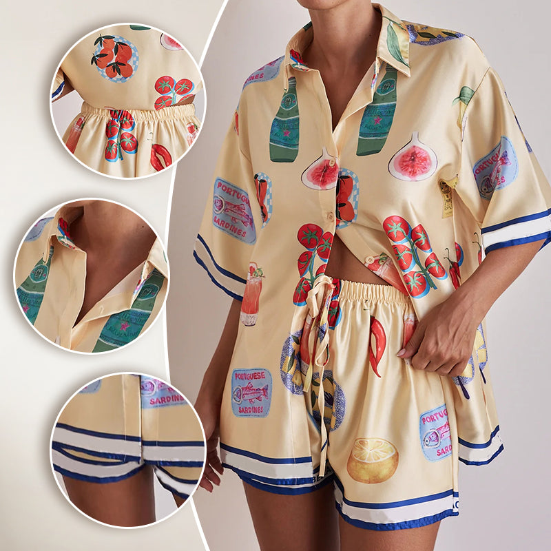 Women's Casual Lapel Short Sleeve & Shorts Pajama 2-PCS Set