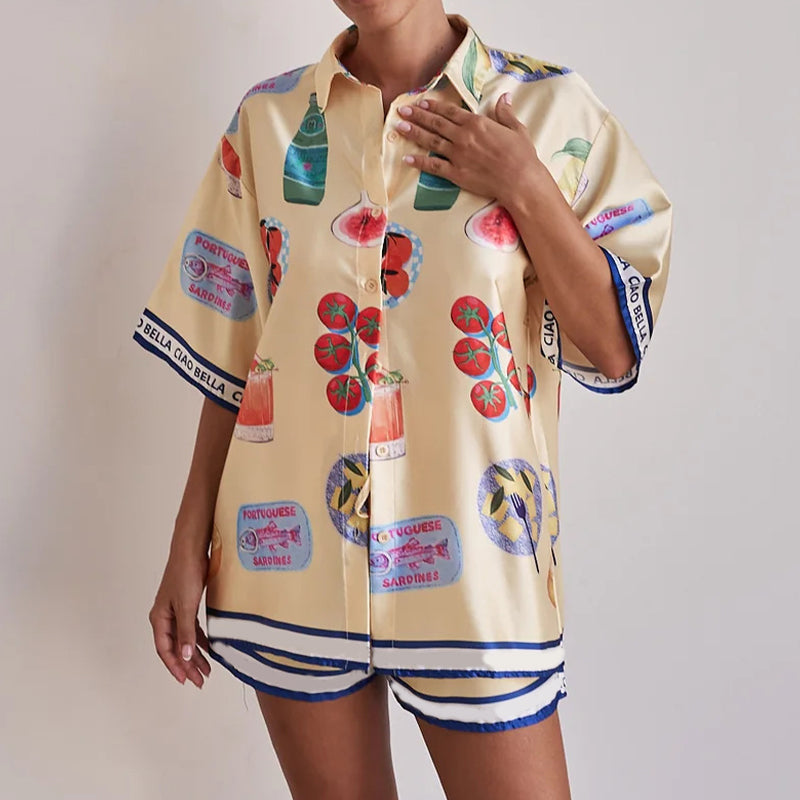 Women's Casual Lapel Short Sleeve & Shorts Pajama 2-PCS Set