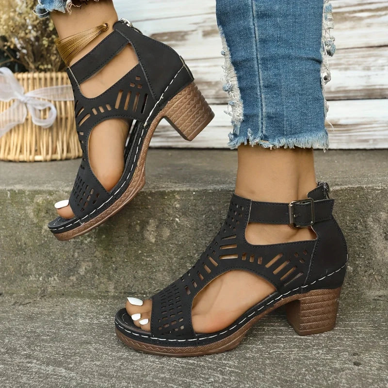 Versatile Hollow Out Mid Heel Open Toe Sandals(50% OFF)