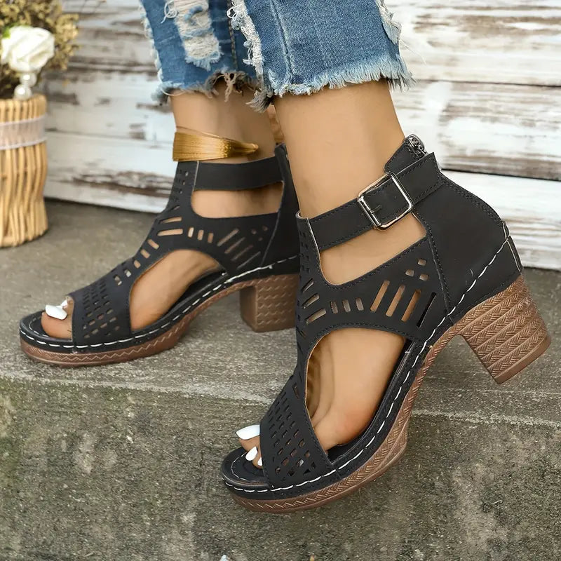 Versatile Hollow Out Mid Heel Open Toe Sandals(50% OFF)