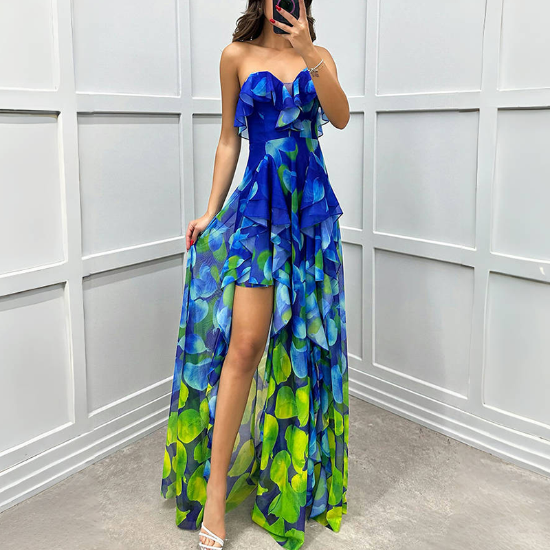 Women's Fashion Printed Mesh Sheath Split Dresses
