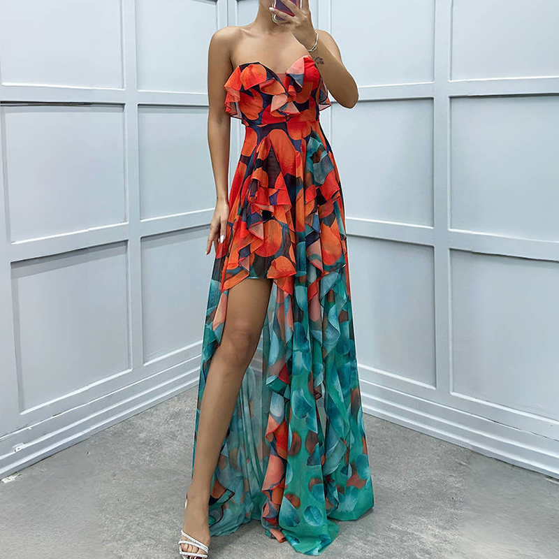 Women's Fashion Printed Mesh Sheath Split Dresses