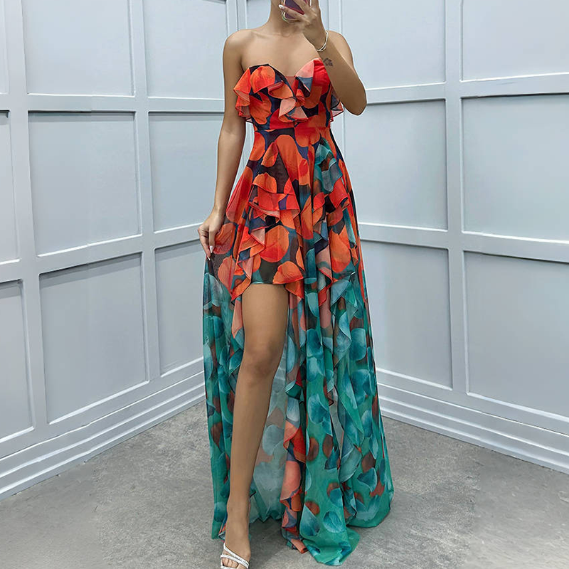 Women's Fashion Printed Mesh Sheath Split Dresses