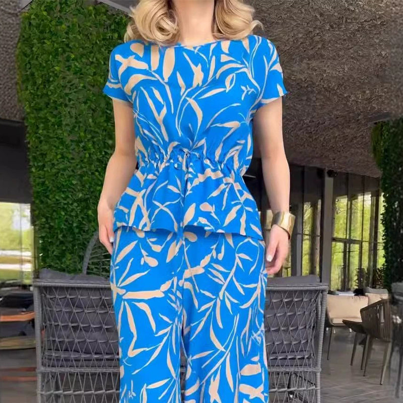 Printed Tie-Waist Shirt & Wide-Leg Pants 2-Piece Set