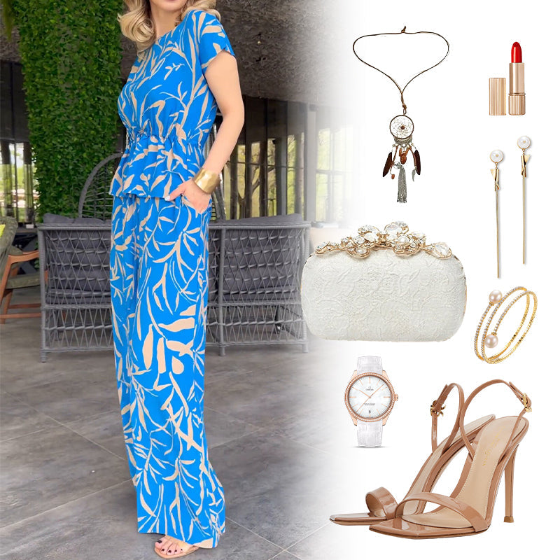Printed Tie-Waist Shirt & Wide-Leg Pants 2-Piece Set