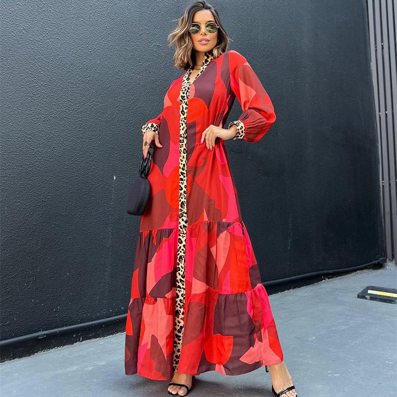 Vibrant Print Leopard Trim Long Sleeve Maxi Dress